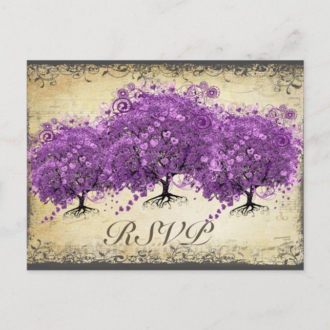 Carte Postale Mariage de feuille d'arbre de coeur violet radiant (Devant)