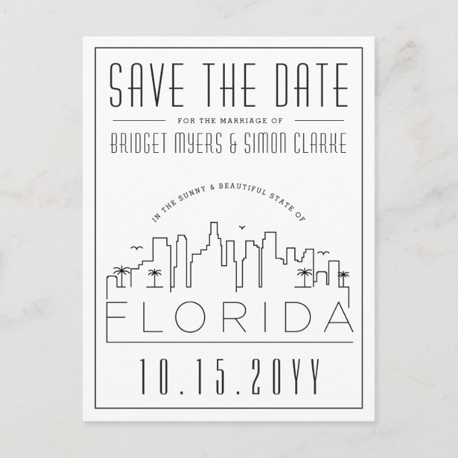 Carte Postale Mariage de Floride | Skyline Enregistrer la date (Devant)