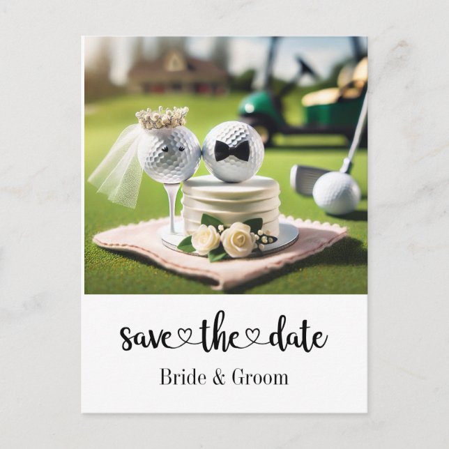 Carte Postale Mariage de golfeur Sauvez la date sur mettre vert (Devant)