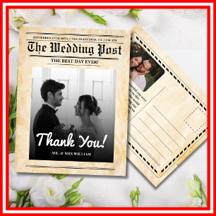 Carte Postale Mariage de journal unique rustique élégant Merci