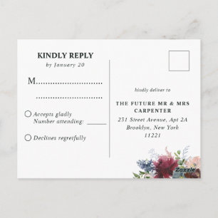 Carte Postale Mariage de l'aquarelle bleu-bleu bordeaux RSVP