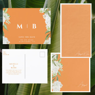 Carte Postale Mariage de monogramme orange floral blanc Date de