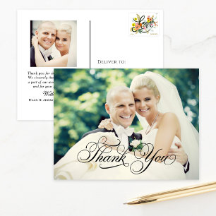 Carte Postale Mariage de script de calligraphie noir Merci photo