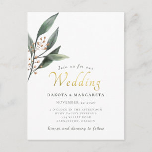 Carte Postale Mariage de script d'or feuille d'eucalypse aquarel