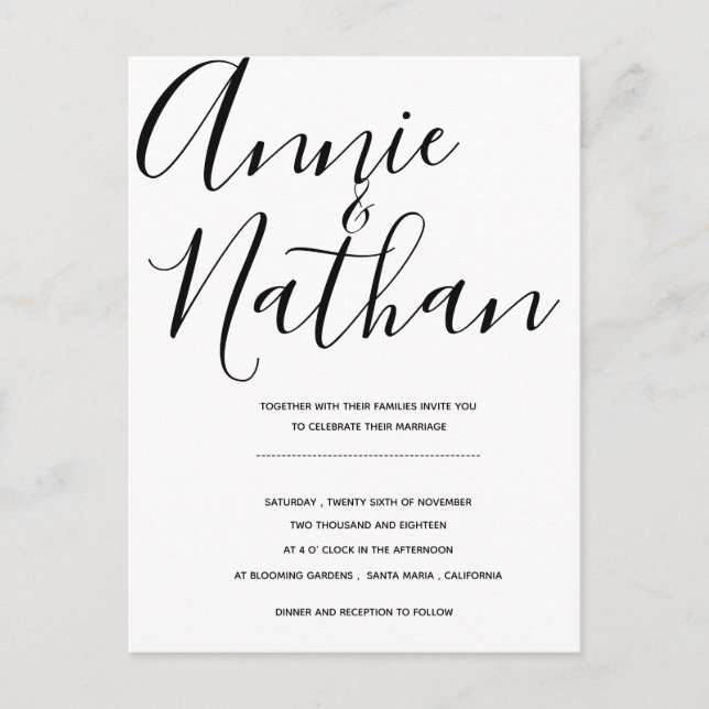 Carte postale Mariage de script noir et blanc (Devant)