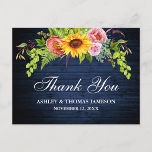 Carte Postale Mariage de tournesol en bois bleu rustique Merci