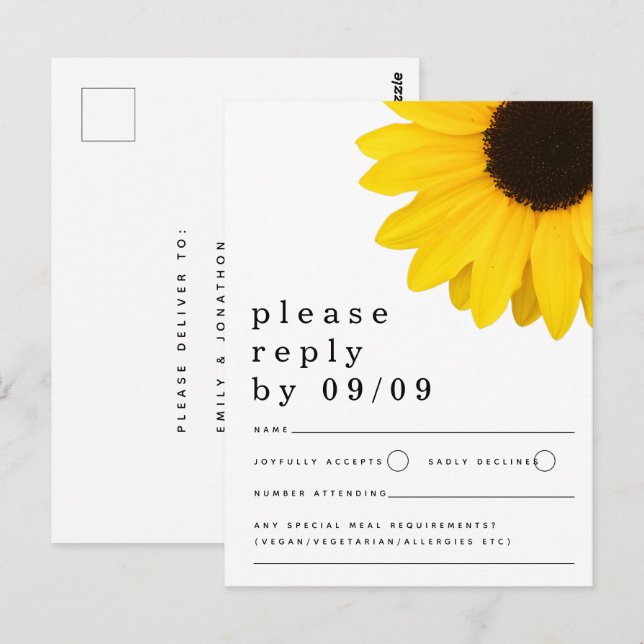 Carte Postale Mariage de tournesol jaune rustique RSVP (Devant / Derrière)