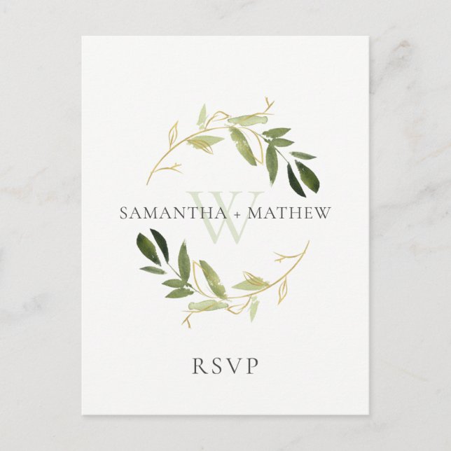 CARTE POSTALE MARIAGE D'EAU EN FOLIAGE VERT OR RSVP (Devant)