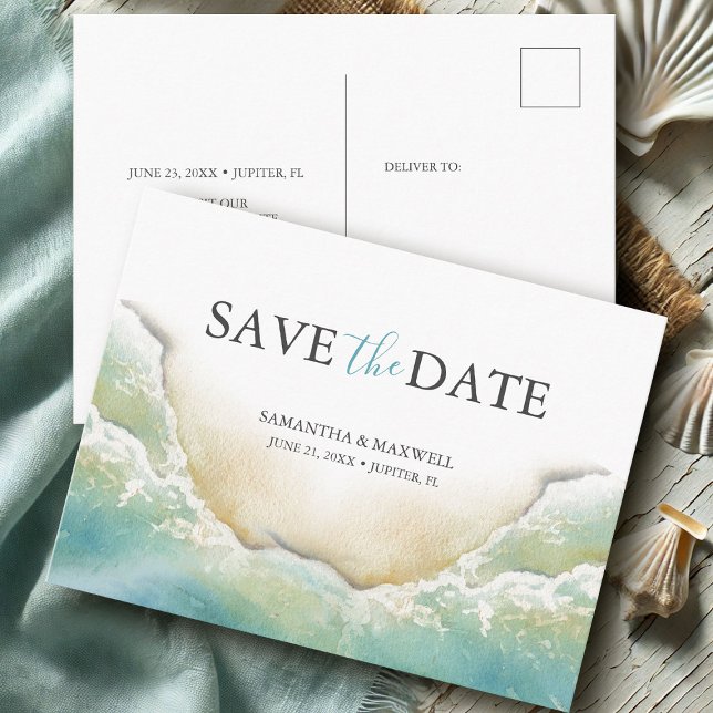 Carte Postale Mariage Destination Plage Enregistrer La Date (Destination save the date postcards watercolor beach art by Victoria Grigaliunas Do Tell A Belle)