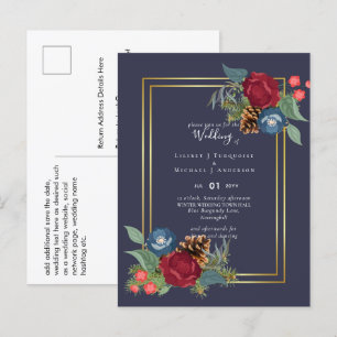 Carte Postale Mariage d'hiver Bourgogne Turquoise Bleu moderne
