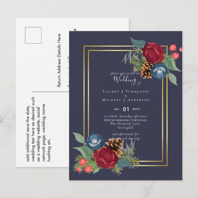 Carte Postale Mariage d'hiver Bourgogne Turquoise Bleu moderne (Devant / Derrière)