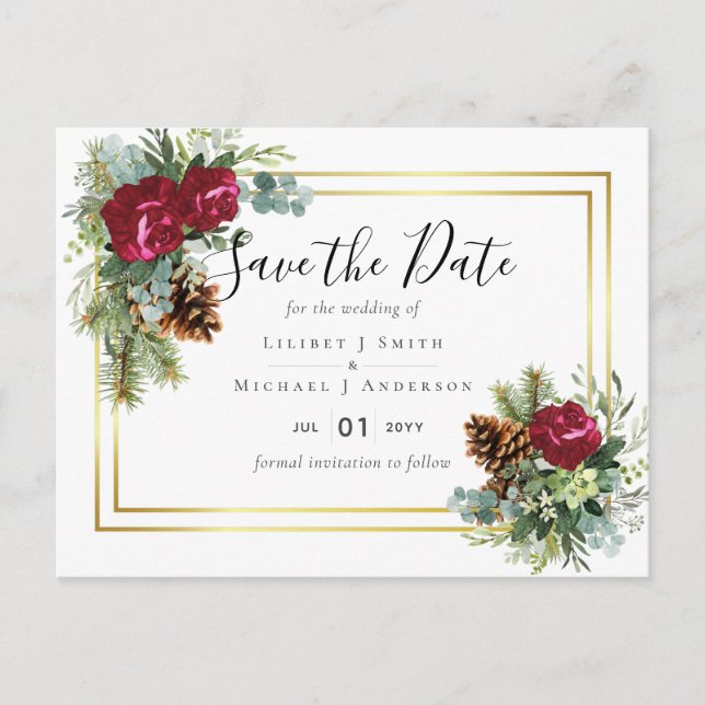 Carte Postale Mariage d'hiver Eucalyptus Rose de Bourgogne (Devant)