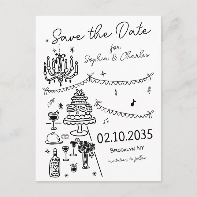 Carte Postale Mariage d'illustration noir dessiné à la main luna (Devant)