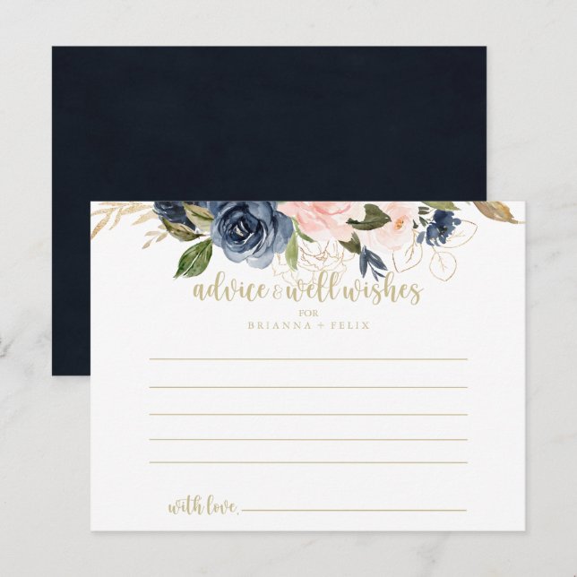 Carte Postale Mariage d'or floral Blush Navy (Devant / Derrière)