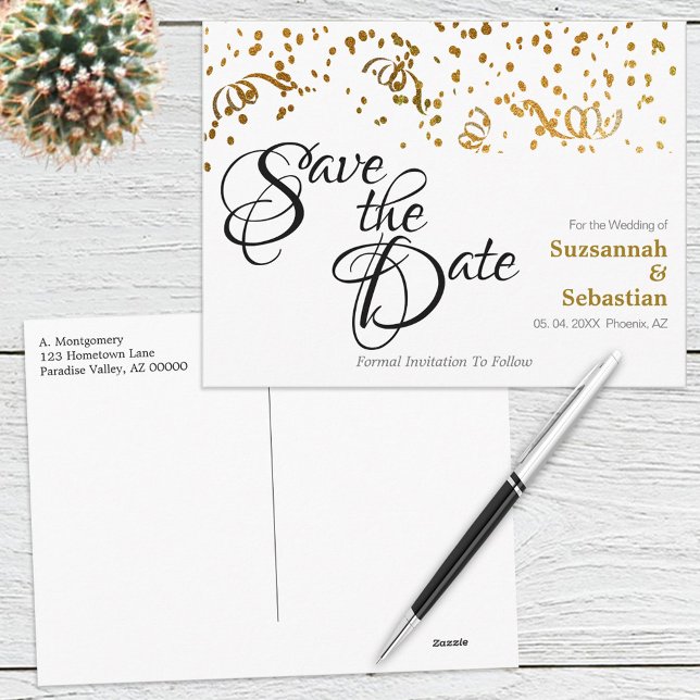 Carte Postale Mariage élégant Enregistrer la date Gold Confetti (Créateur téléchargé)