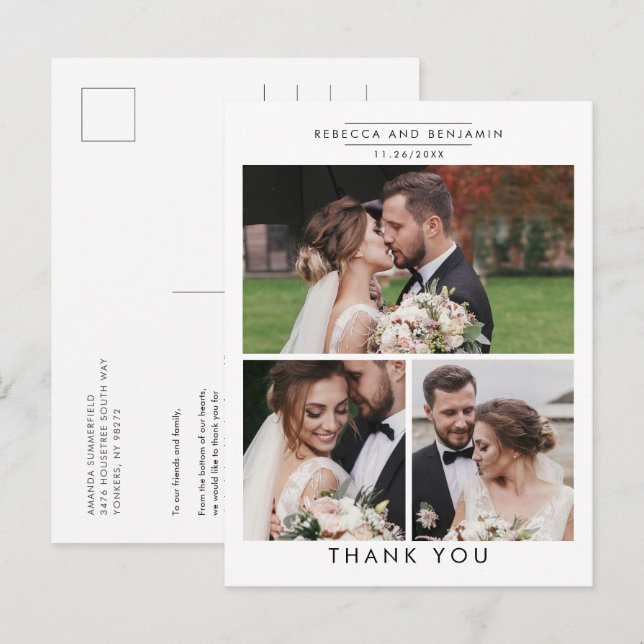 Carte Postale Mariage élégant Photo Collage Merci (Devant / Derrière)