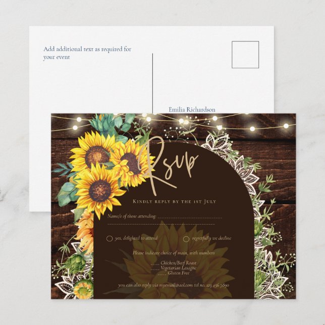 Carte Postale Mariage en dentelle de tournesol rustique (Devant / Derrière)
