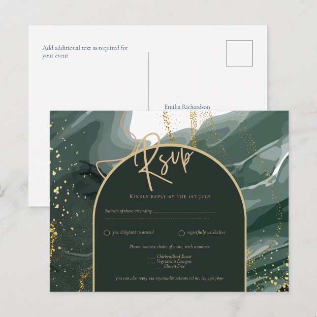 Carte Postale Mariage en marbre moderne Emerald Green Gold Agate (Devant / Derrière)