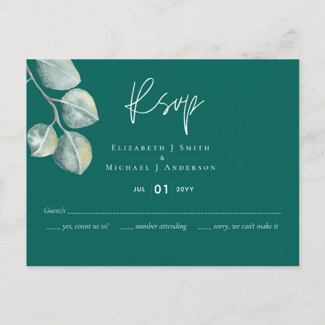 Carte Postale Mariage EUCALYPTUS TURQUOISE à faible budget (Devant)