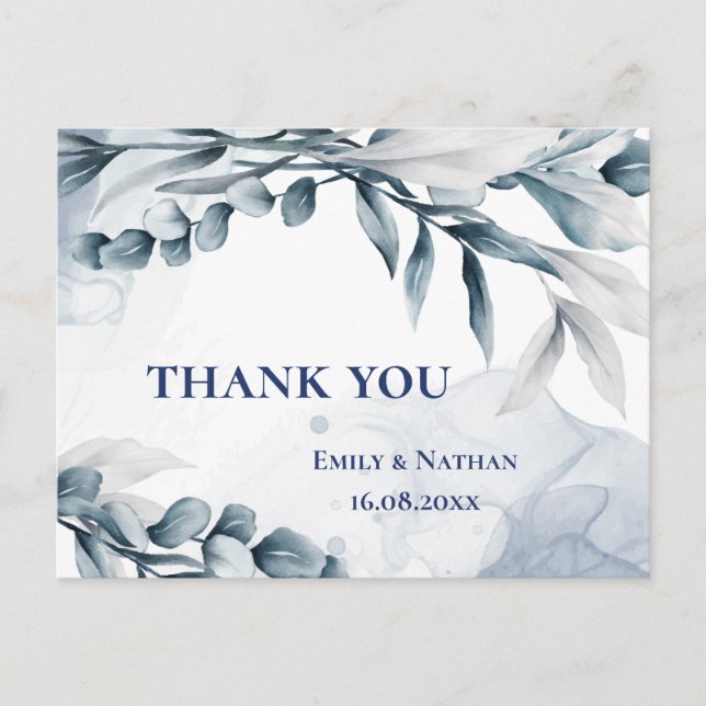 Carte Postale Mariage Feuille Dusty Blue Eucalyptus Merci (Devant)