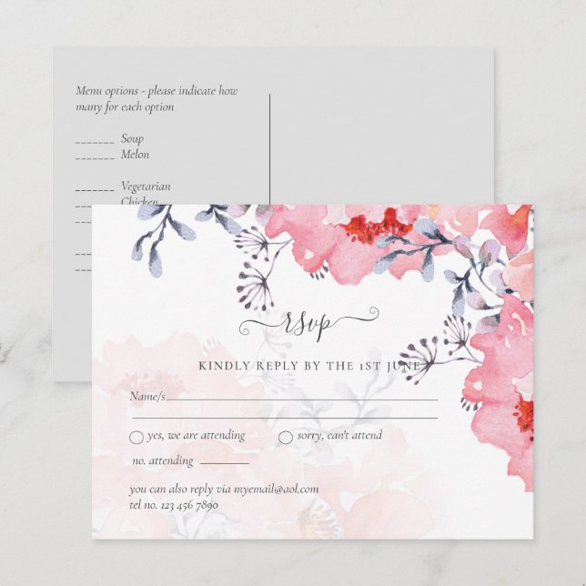 Carte Postale Mariage Fleurs Roses Pâles Poussiéreux Bleu Économ (Devant / Derrière)