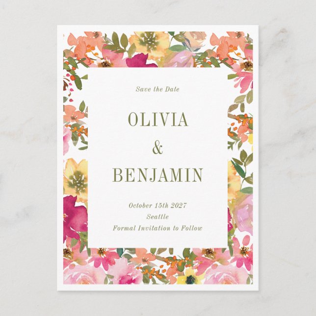 Carte Postale Mariage Floral Aquarelle Jaune Pêche (Devant)