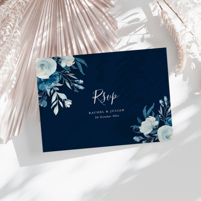 Carte Postale Mariage floral bleu aquarelle RSVP (Créateur téléchargé)