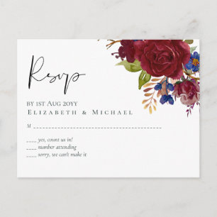 Carte Postale Mariage Floral bleu Bourgogne rustique RSVP