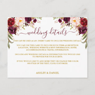 Carte Postale Mariage Floral Bourgogne Détails Gold Insert Card