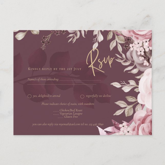 Carte Postale Mariage floral de marron rose roux RSVP (Devant)