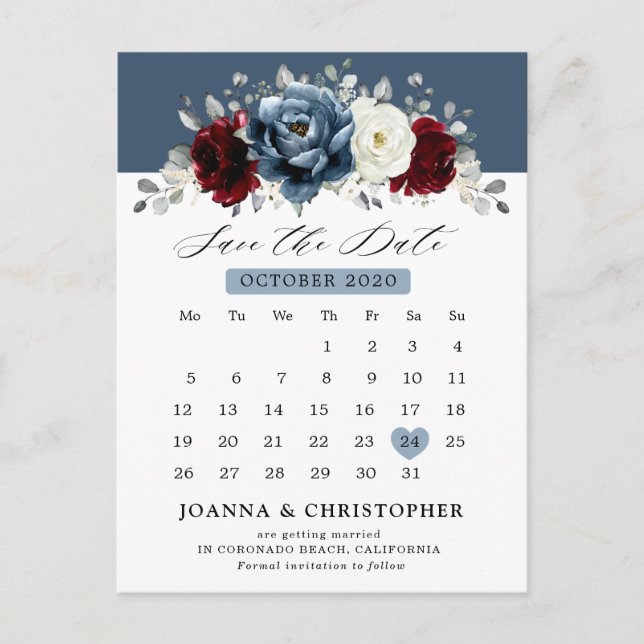 Carte Postale Mariage floral Po bleu ardoise Bourgogne blanc (Devant)