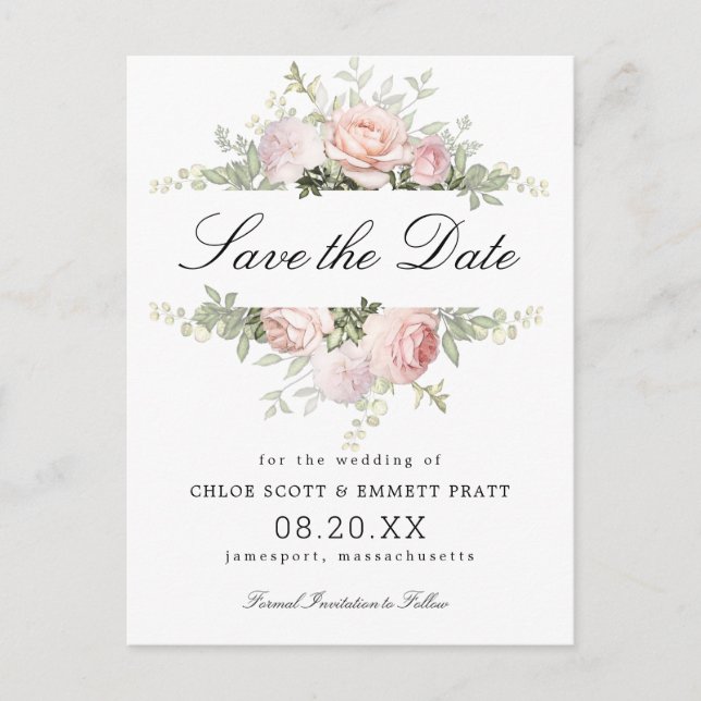 Carte Postale Mariage floral rose et blanc Enregistrer la date (Devant)