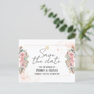 Carte Postale Mariage floral rose moderne enregistrer la date