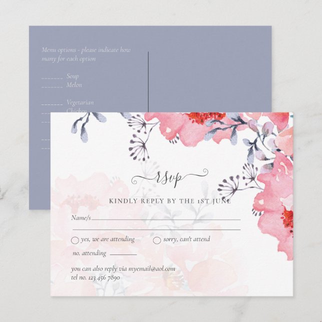 Carte Postale Mariage Floral Rose Poussiéreux Bleu Économique (Devant / Derrière)
