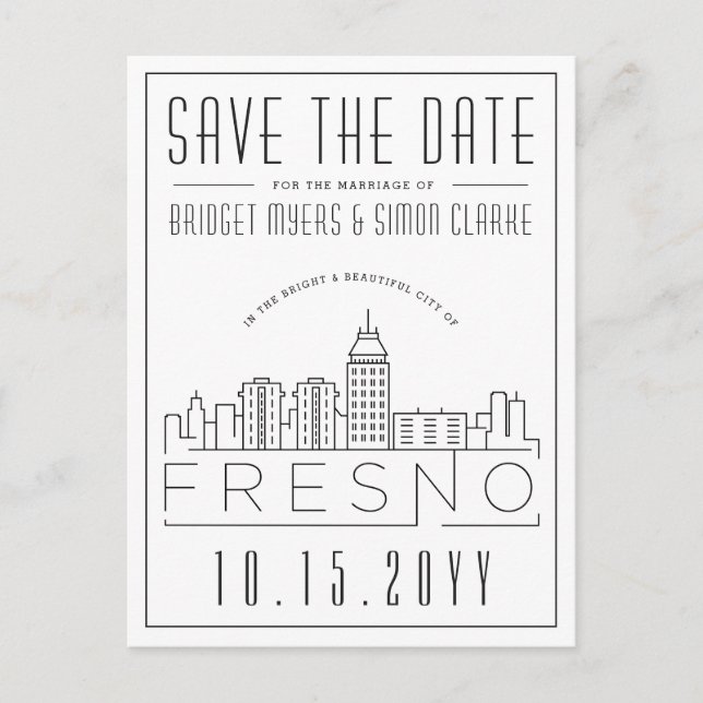 Carte Postale Mariage Fresno | Skyline stylisée Enregistrer la d (Devant)