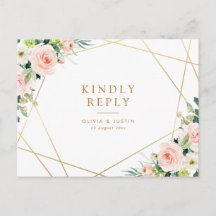 Carte Postale mariage géométrique fleuri or & blush RSVP