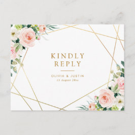 Carte Postale mariage géométrique fleuri or & blush RSVP