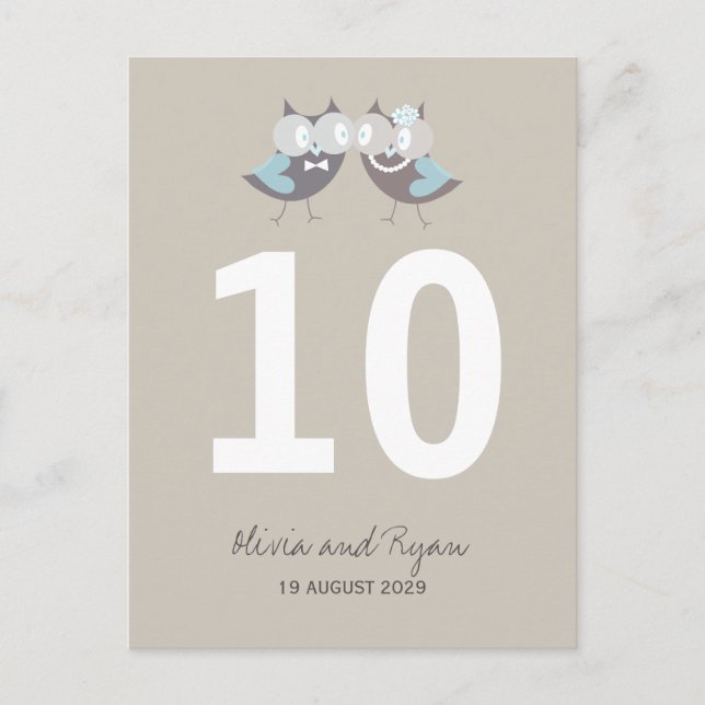 Carte Postale Mariage lunaire Chouettes bleues Brown Numéro de t (Devant)