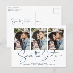 Carte Postale Mariage manuscrit bleu moderne Enregistrer la date