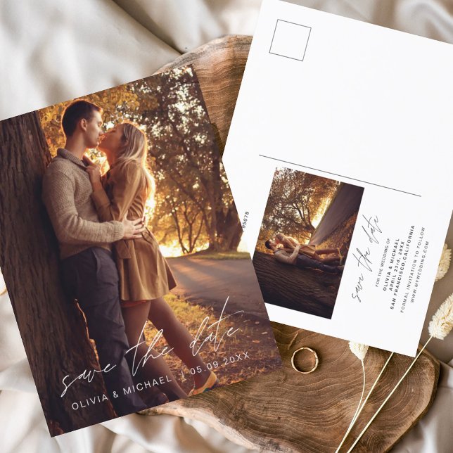 Carte Postale Mariage manuscrit Enregistrer la date Photo simple (Créateur téléchargé)