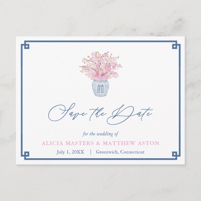 Carte Postale Mariage Marine Et Chinoiserie Rose Enregistrer La  (Devant)