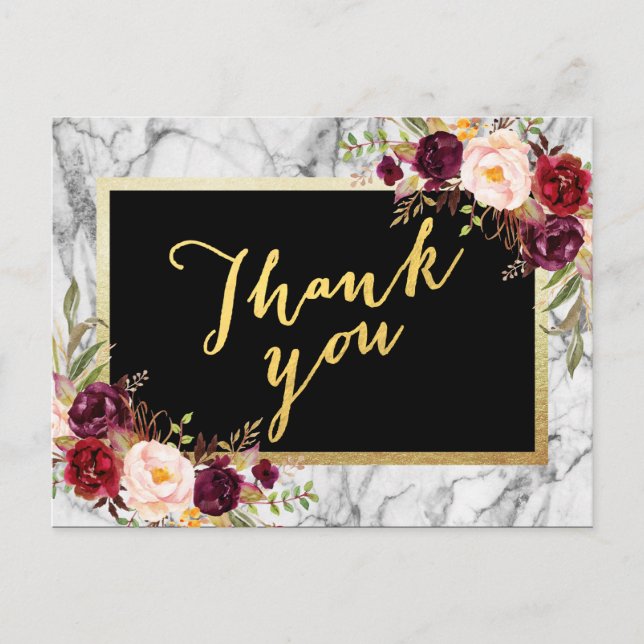 Carte Postale Mariage Merci Or Bourgogne Marbre Floral (Devant)