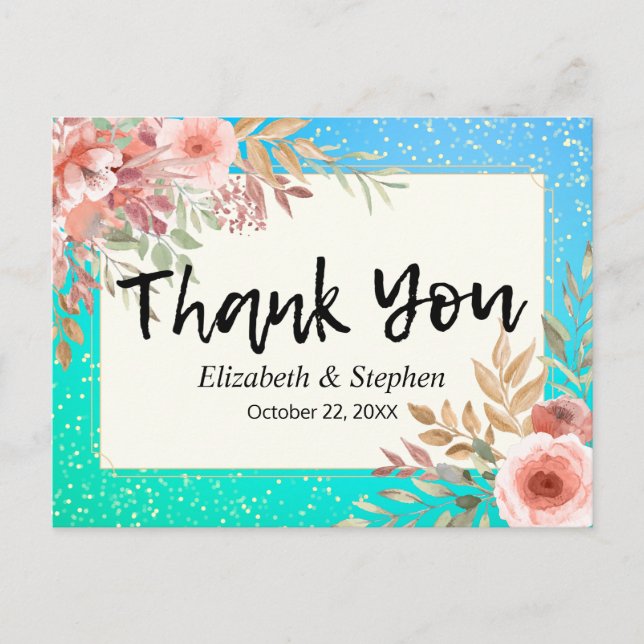 Carte Postale Mariage Merci rose Fleurs Turquoise or Confetti (Devant)