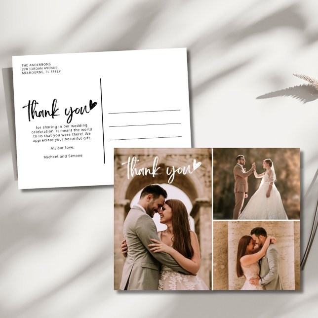 Carte Postale Mariage moderne 3 Photo Collage Merci (Modern Wedding 3 Photo Collage Thank You Postcard)