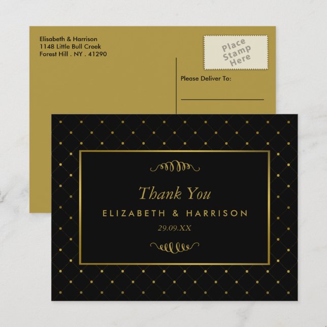 Carte Postale Mariage moderne Black & Gold Foil Effet Merci (Devant / Derrière)