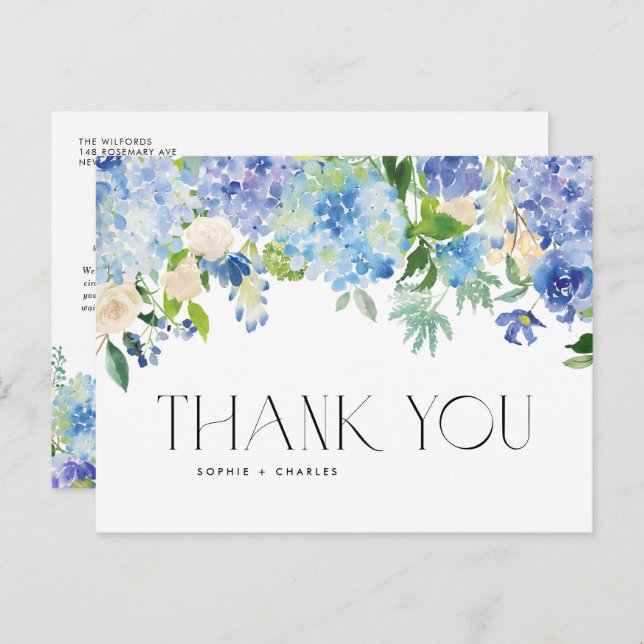 Carte Postale Mariage moderne Blue Hydrangea Fleurs Merci (Devant / Derrière)