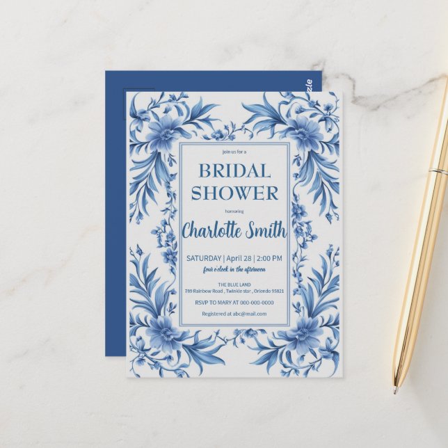 Carte Postale Mariage moderne en bleu avec motif floral de chino (Devant/Arrière en situation)