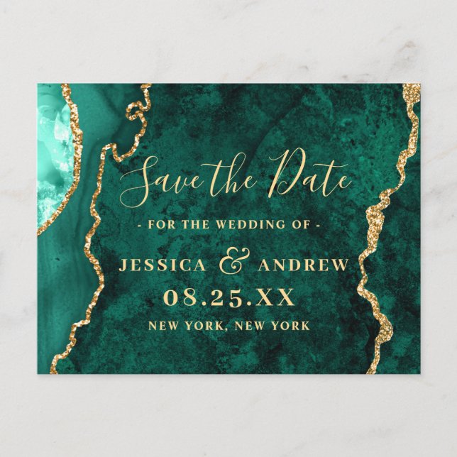Carte Postale Mariage moderne Golden Green Agate Enregistrer la  (Devant)