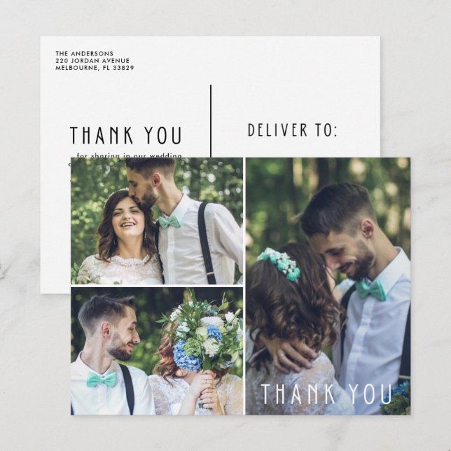 Carte Postale Mariage moderne Merci trois photo (Devant / Derrière)