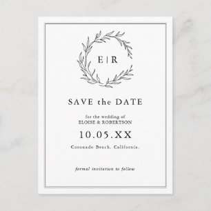 Carte Postale Mariage Moderne Minimaliste à Feuille Noir et Blan